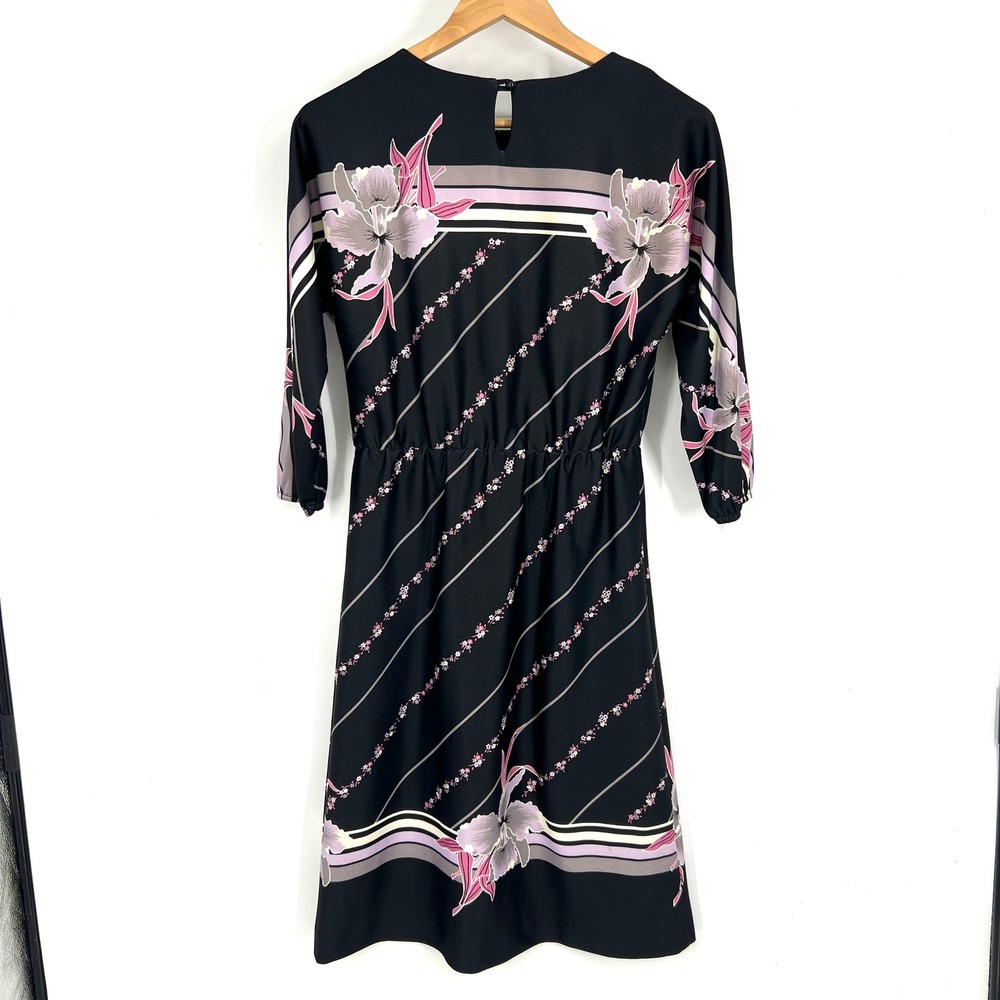 Vintage Avon Fashions Black Floral Midi Dress 7/8 Pink Purple Stripe 8498 - Picture 3 of 10